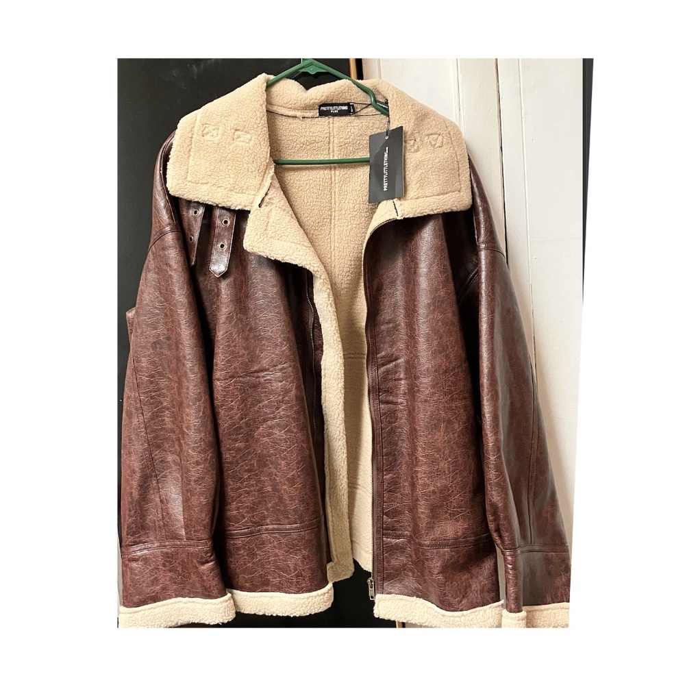 PLUS CHOCOLATE FAUX LEATHER CONTRAST BORG LONGLINE AVIATOR